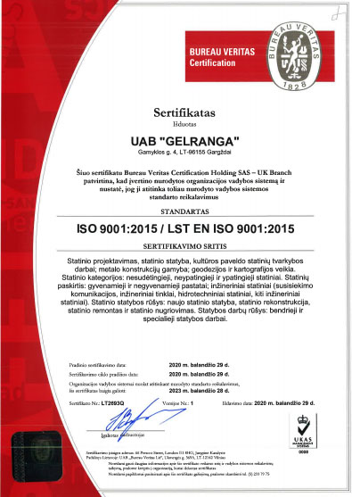 ISO 9001 2015 Gelranga sertifikatas