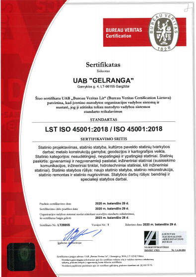 LST ISO 45001 2018 Gelranga sertifikatas